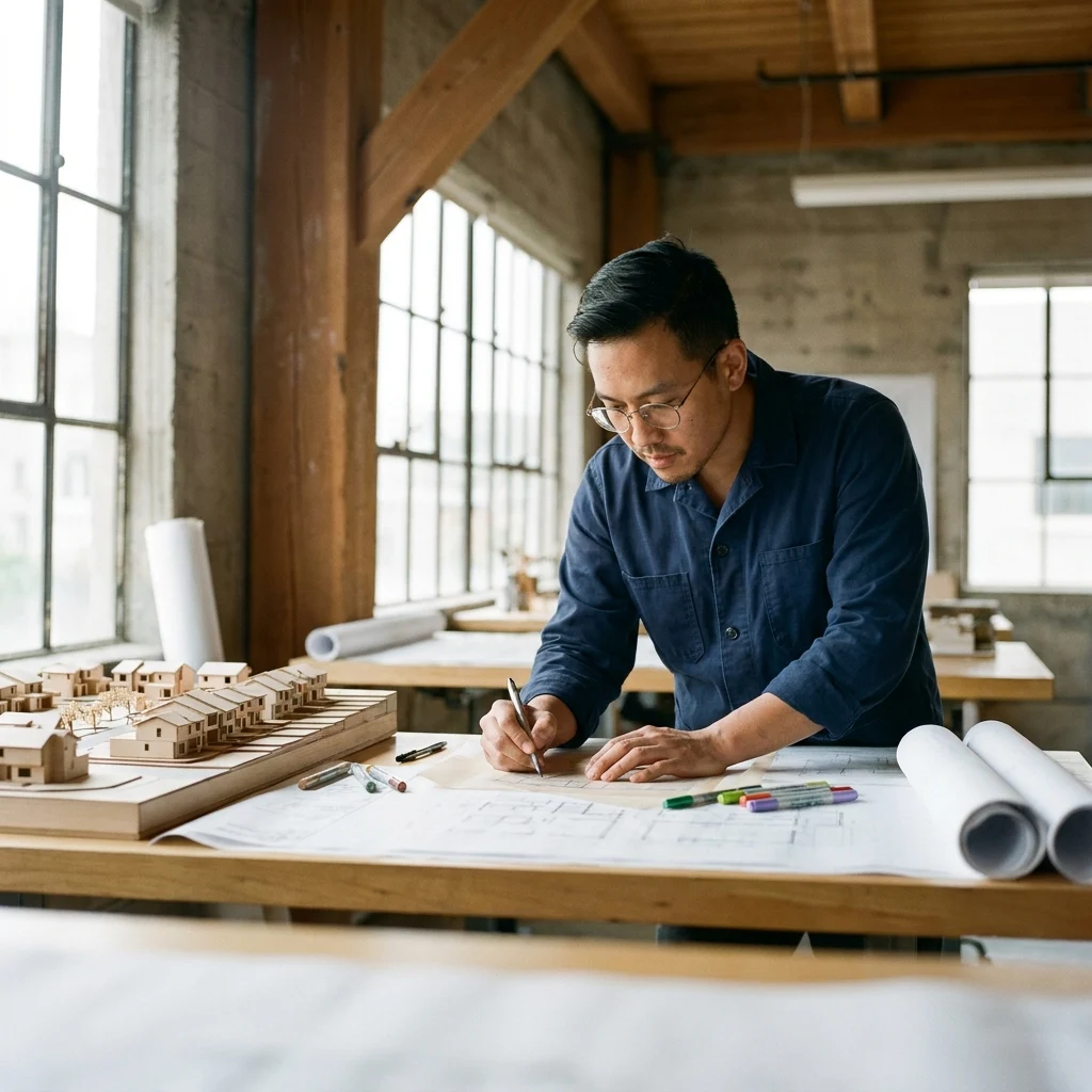 Master planning and design — architect working on blueprints