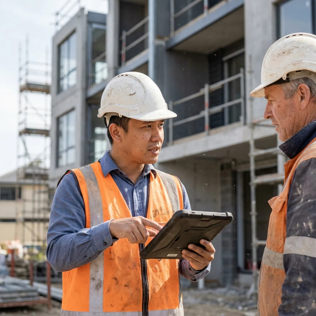 Construction — site engineer reviewing build progress